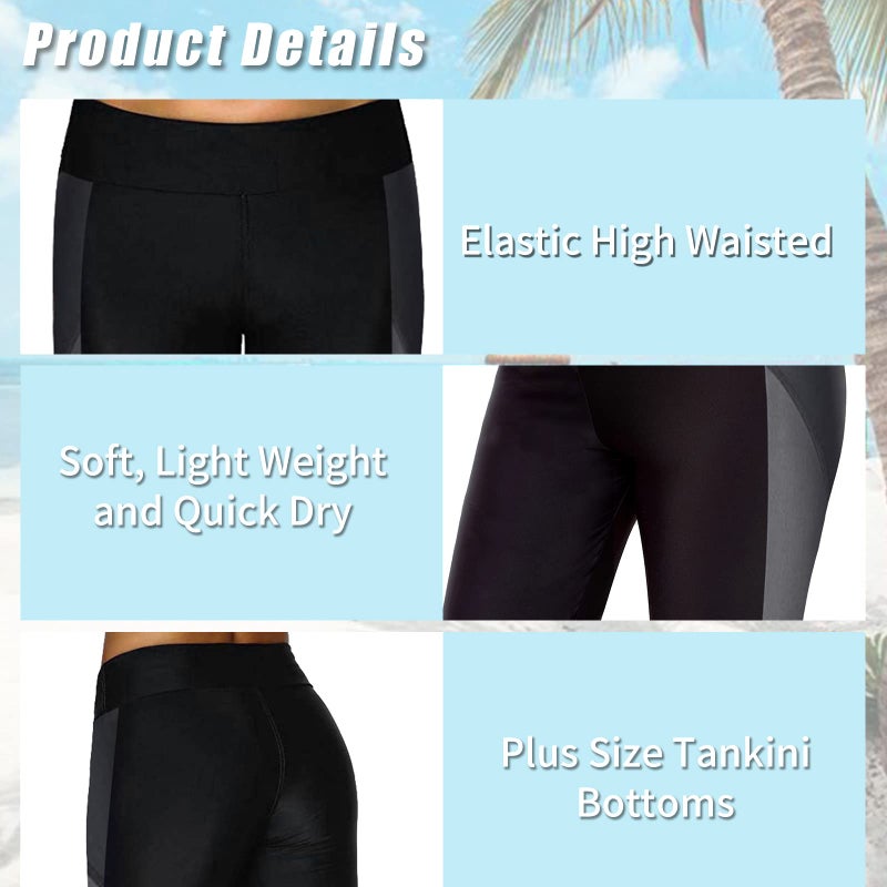 Urchics Womens Plus Size Rash Guard Capris Long Swim Shorts Tankini Bottom Sporty Black Gray 3X - Image 3